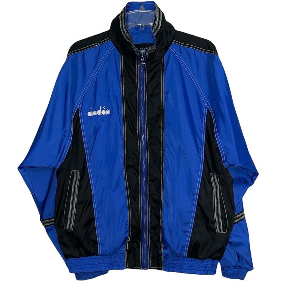 Vintage 90's Diadora Men’s Full Zip Blue Black Windbreaker Jacket Size L Nylon